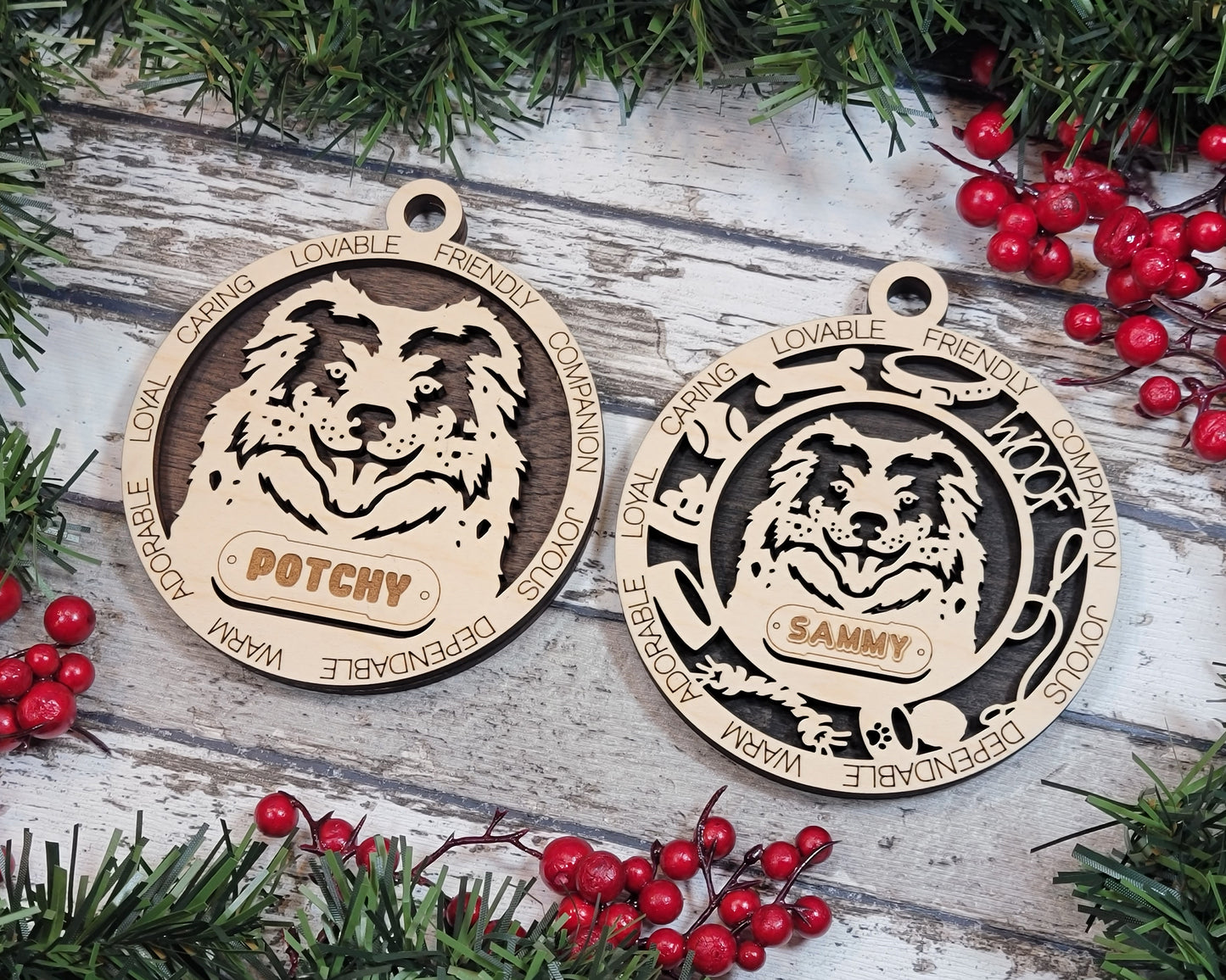 Personalized 3" Round Wooden Dog Christmas Ornament - Australian Shepherd Design - Customizable Name & Text - 2 Layer Laser Cut - Handcrafted in USA - Choose Background Color or Print