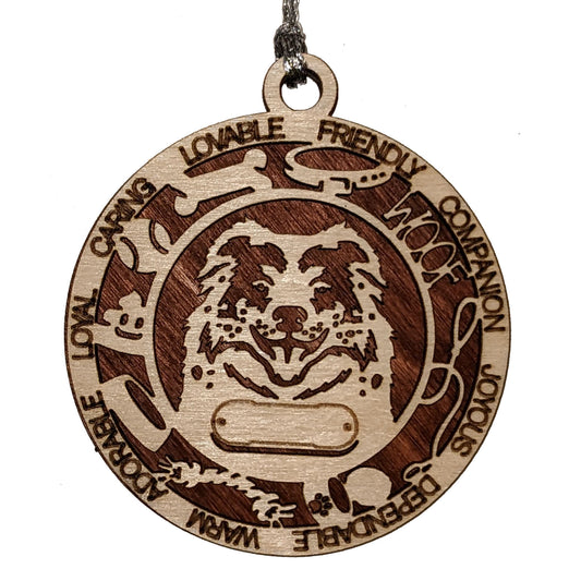 Personalized 3" Round Wooden Dog Christmas Ornament - Australian Shepherd Design - Customizable Name & Text - 2 Layer Laser Cut - Handcrafted in USA - Choose Background Color or Print
