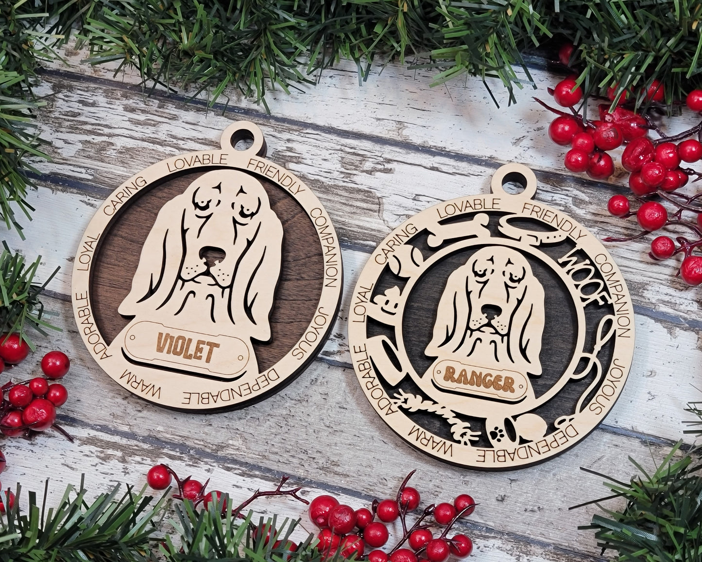 Personalized Basset Hound Dog Christmas Ornament, 3" Round Laser Cut, 2 Layer Wood Design, Customizable Name Tag & Text, Handcrafted in USA, Choose Background Color or Print, Perfect Gift!