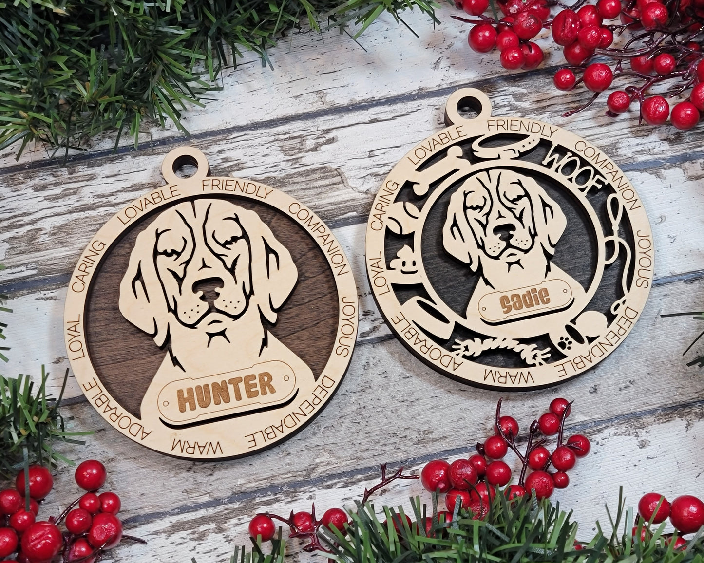 Personalized Beagle Dog Christmas Ornament, 3" Round Laser Cut, 2-Layer Wooden Design, Customizable Name Tag & Text, Handcrafted in USA, Natural Wood & Color Options, Perfect Holiday Gift!