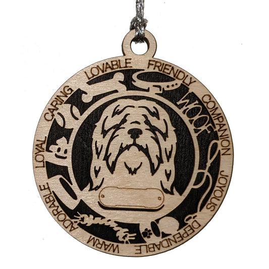 Personalized Bearded Collie Dog Christmas Ornament, 3" Round, 2-Layer Laser Cut Wood, Customizable Name Tag & Text, Handcrafted in USA, Choose Background Color/Print, Perfect Holiday Gift!