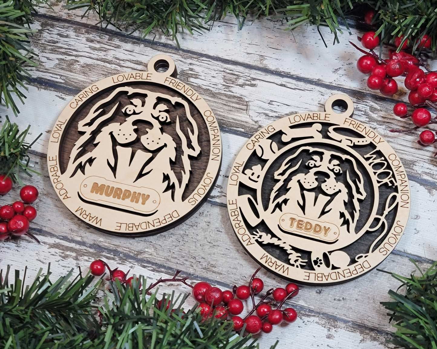 Personalized Bernese Mountain Dog Christmas Ornament, 3" Round, 2-Layer Laser Cut Wood, Customizable Name Tag & Text, Handcrafted in USA, Choose Colorful Background, Perfect Holiday Gift!