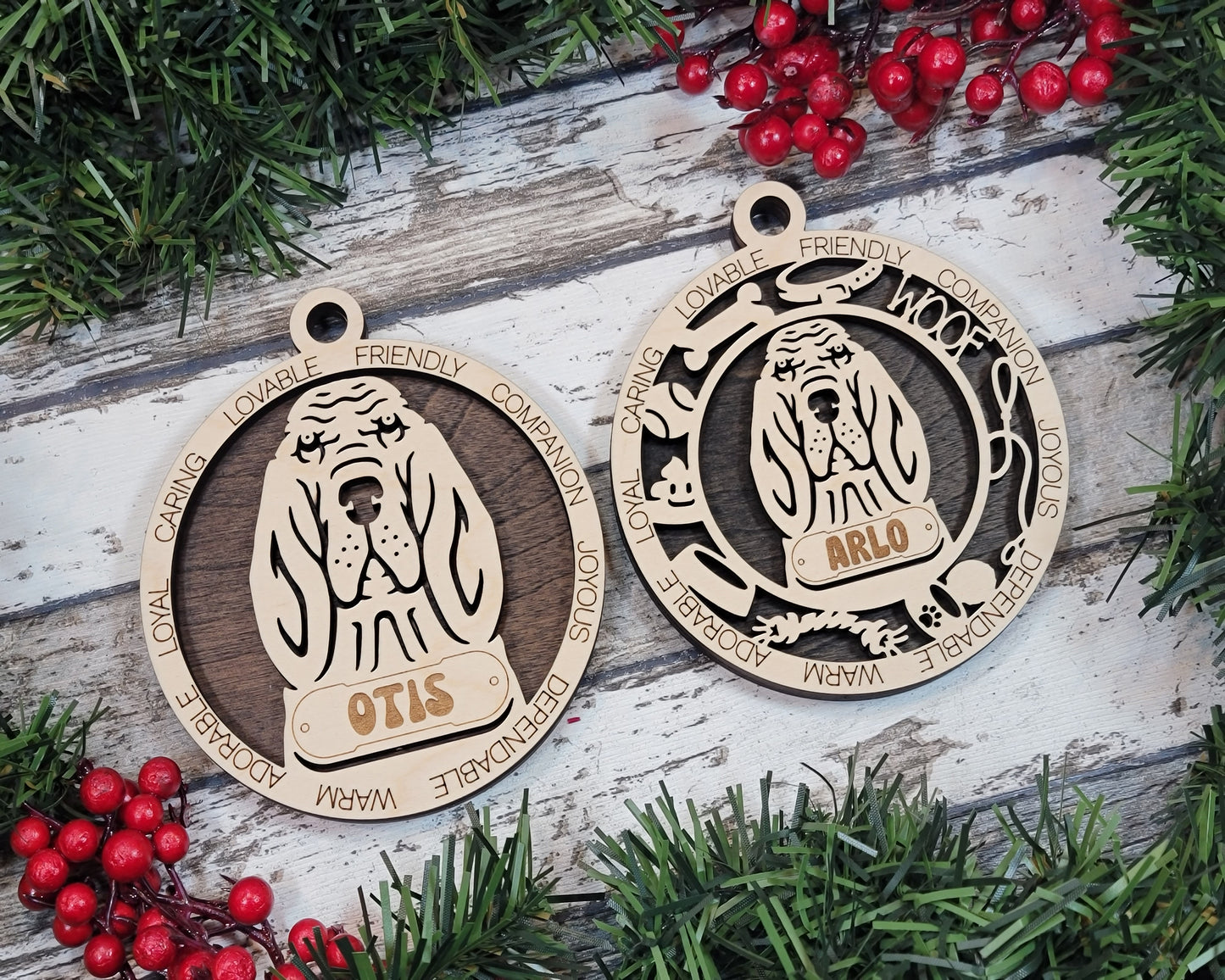 Personalized Bloodhound Dog Christmas Ornament, 3" Round, 2-Layer Laser Cut Wood, Customizable Name Tag & Text, Handcrafted in USA, Choose Colorful Background, Perfect Holiday Gift for Dog Lovers