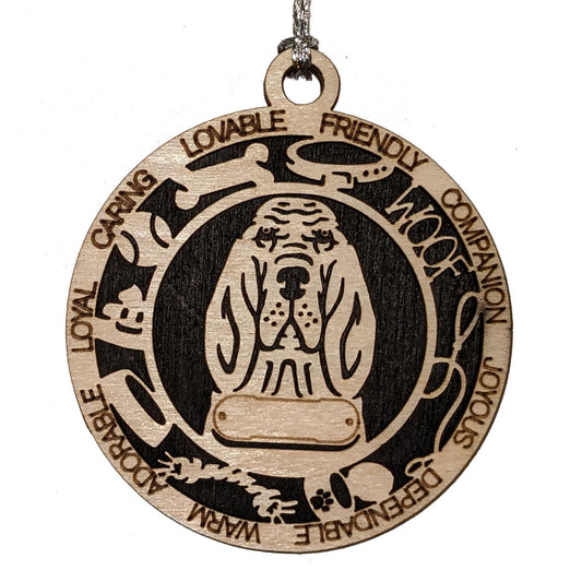Personalized Bloodhound Dog Christmas Ornament, 3" Round, 2-Layer Laser Cut Wood, Customizable Name Tag & Text, Handcrafted in USA, Choose Colorful Background, Perfect Holiday Gift for Dog Lovers