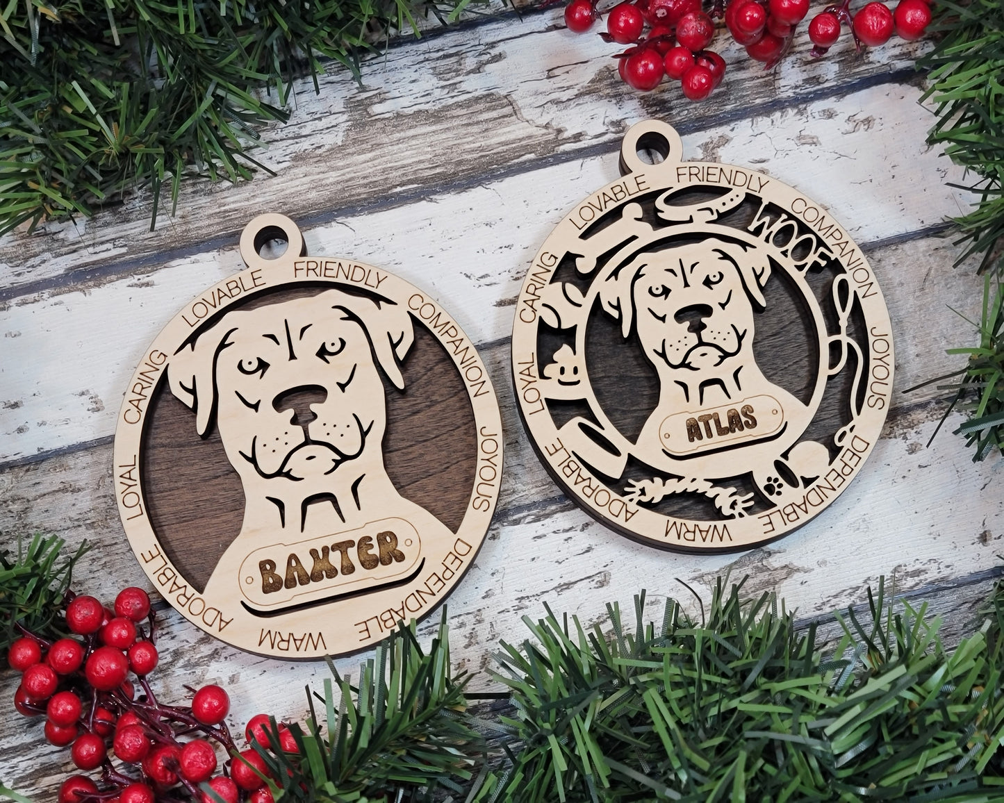Personalized 3" Round Wooden Dog Christmas Ornament - Blue Lacy Design - Customizable Name & Text - 2 Layer Laser Cut - Natural Wood & Color Options - Handcrafted in USA - Perfect Gift for Pet Lovers
