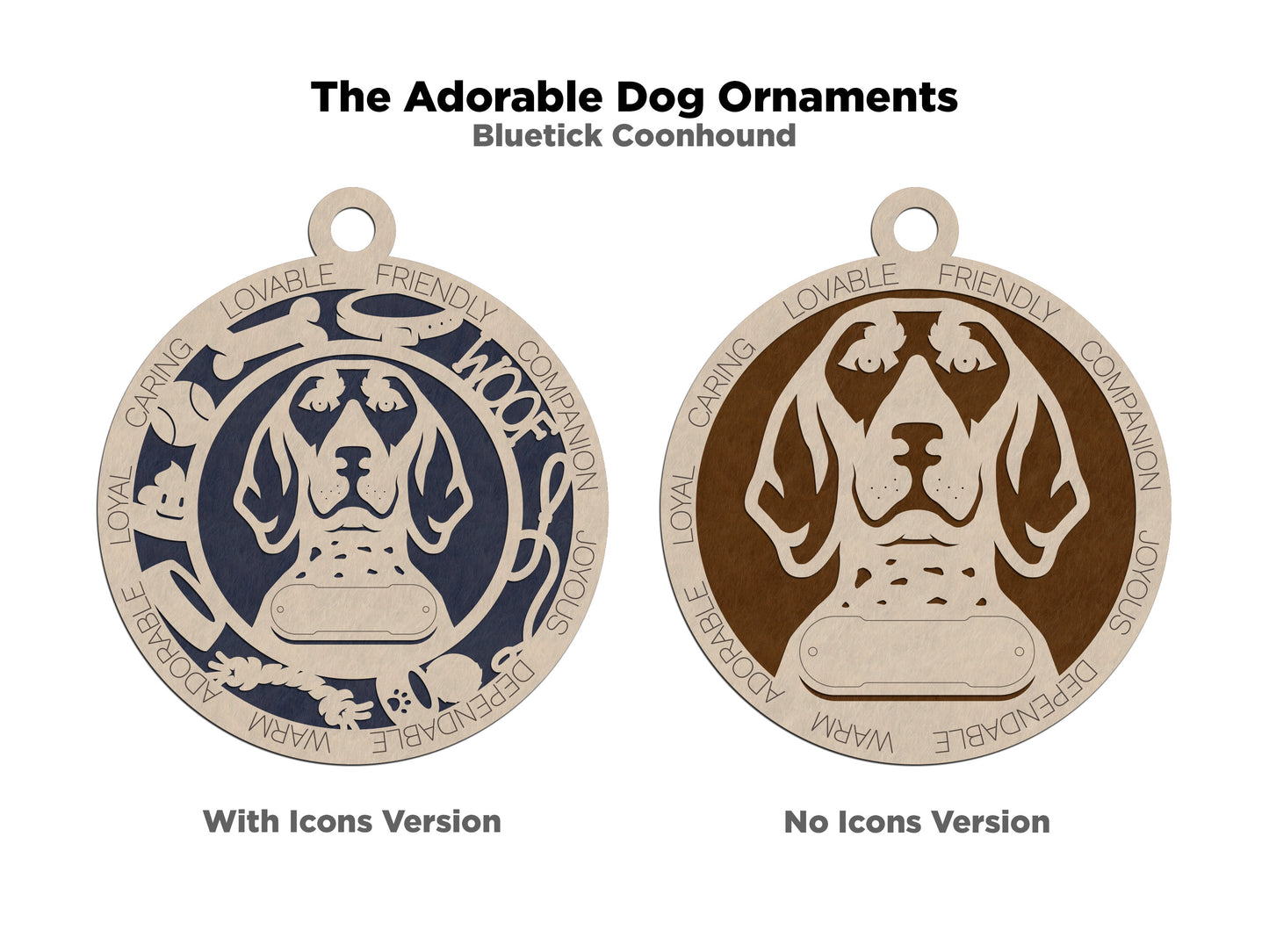 Personalized 3" Round Wooden Dog Christmas Ornament - Bluetick Coonhound Design - Customizable Name & Text - 2 Layer Laser Cut - Natural Wood & Color Options - Handcrafted in USA - Perfect Gift!