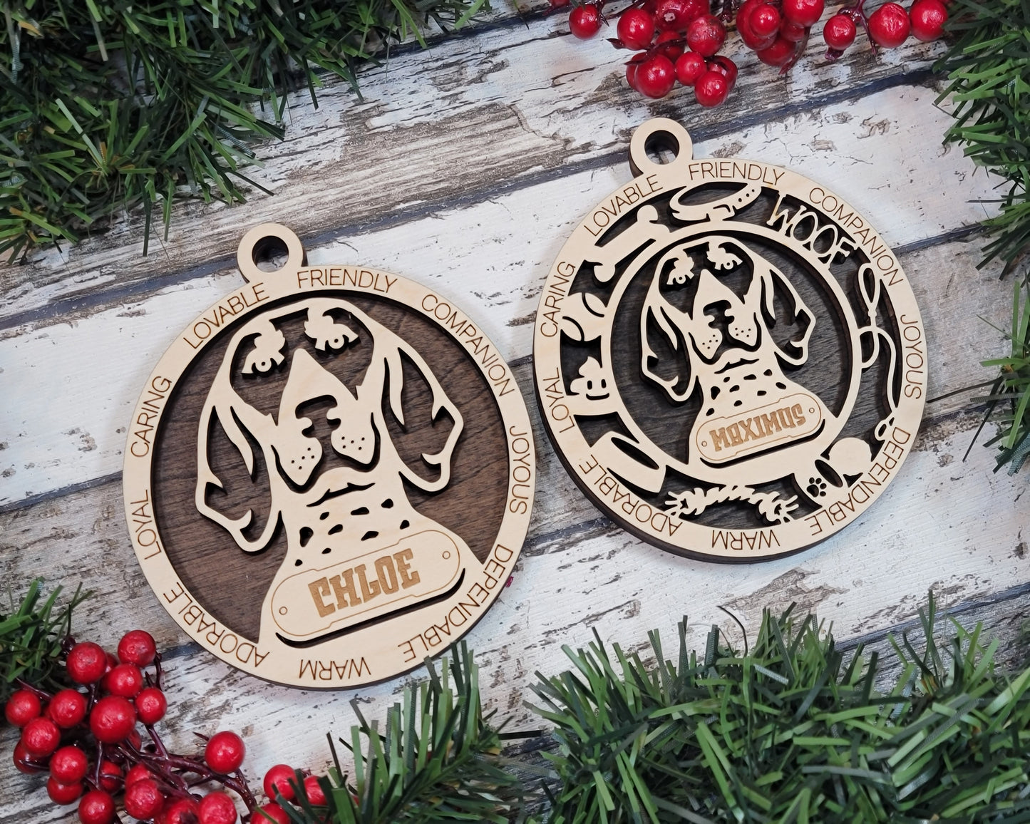 Personalized 3" Round Wooden Dog Christmas Ornament - Bluetick Coonhound Design - Customizable Name & Text - 2 Layer Laser Cut - Natural Wood & Color Options - Handcrafted in USA - Perfect Gift!