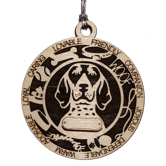 Personalized 3" Round Wooden Dog Christmas Ornament - Bluetick Coonhound Design - Customizable Name & Text - 2 Layer Laser Cut - Natural Wood & Color Options - Handcrafted in USA - Perfect Gift!