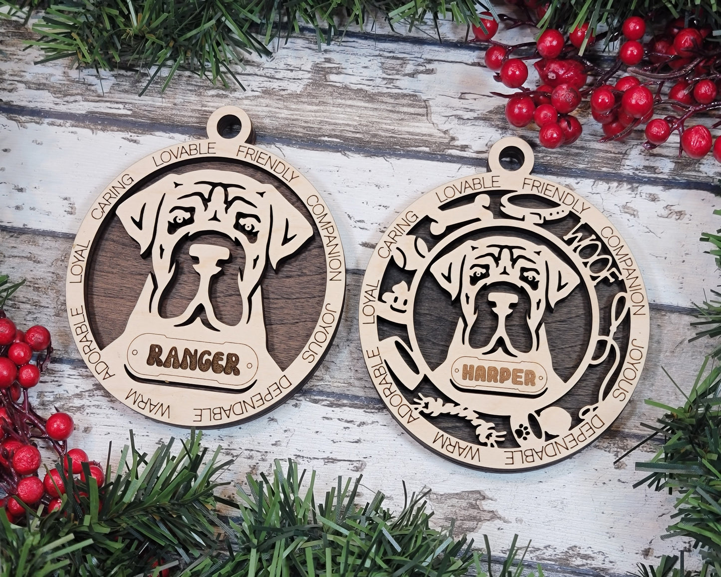 Personalized Boarboel Dog Christmas Ornament, 3" Round, 2-Layer Laser Cut Wood, Customizable Name Tag & Text, Handcrafted in USA, Choose Background Color/Print, Perfect Holiday Gift for Dog Lovers