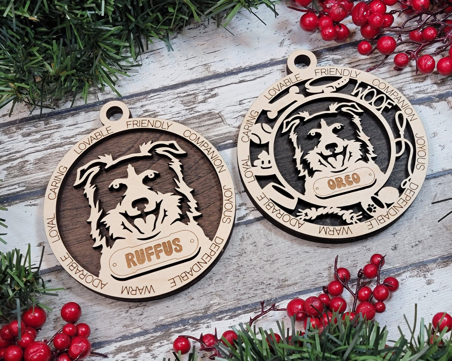 Personalized 3" Round Wooden Dog Christmas Ornament - Customizable Border Collie Design with Name Tag - Handcrafted in USA - Choose Background Color - Perfect Holiday Gift for Pet Lovers