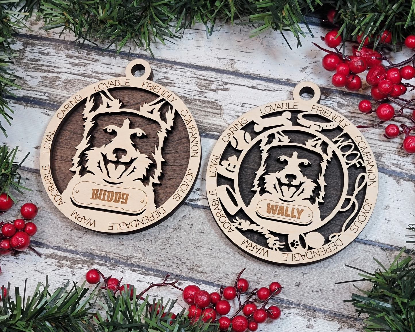 Personalized 3" Round Wooden Dog Christmas Ornament - Laser Cut 2-Layer Design with Border Collie - Customizable Name & Text - Handcrafted in USA - Choose Background Color or Print - Perfect Gift!