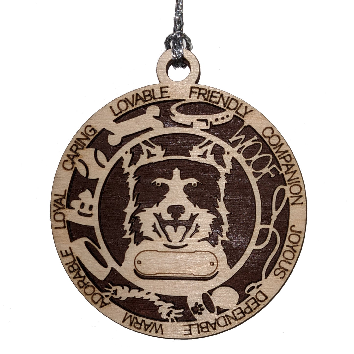 Personalized 3" Round Wooden Dog Christmas Ornament - Laser Cut 2-Layer Design with Border Collie - Customizable Name & Text - Handcrafted in USA - Choose Background Color or Print - Perfect Gift!