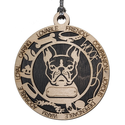 Personalized Boston Terrier Dog Christmas Ornament, 3" Round, 2-Layer Laser Cut Wood, Customizable Name Tag & Text, Handcrafted in USA, Choose Background Color or Print, Perfect Holiday Gift!