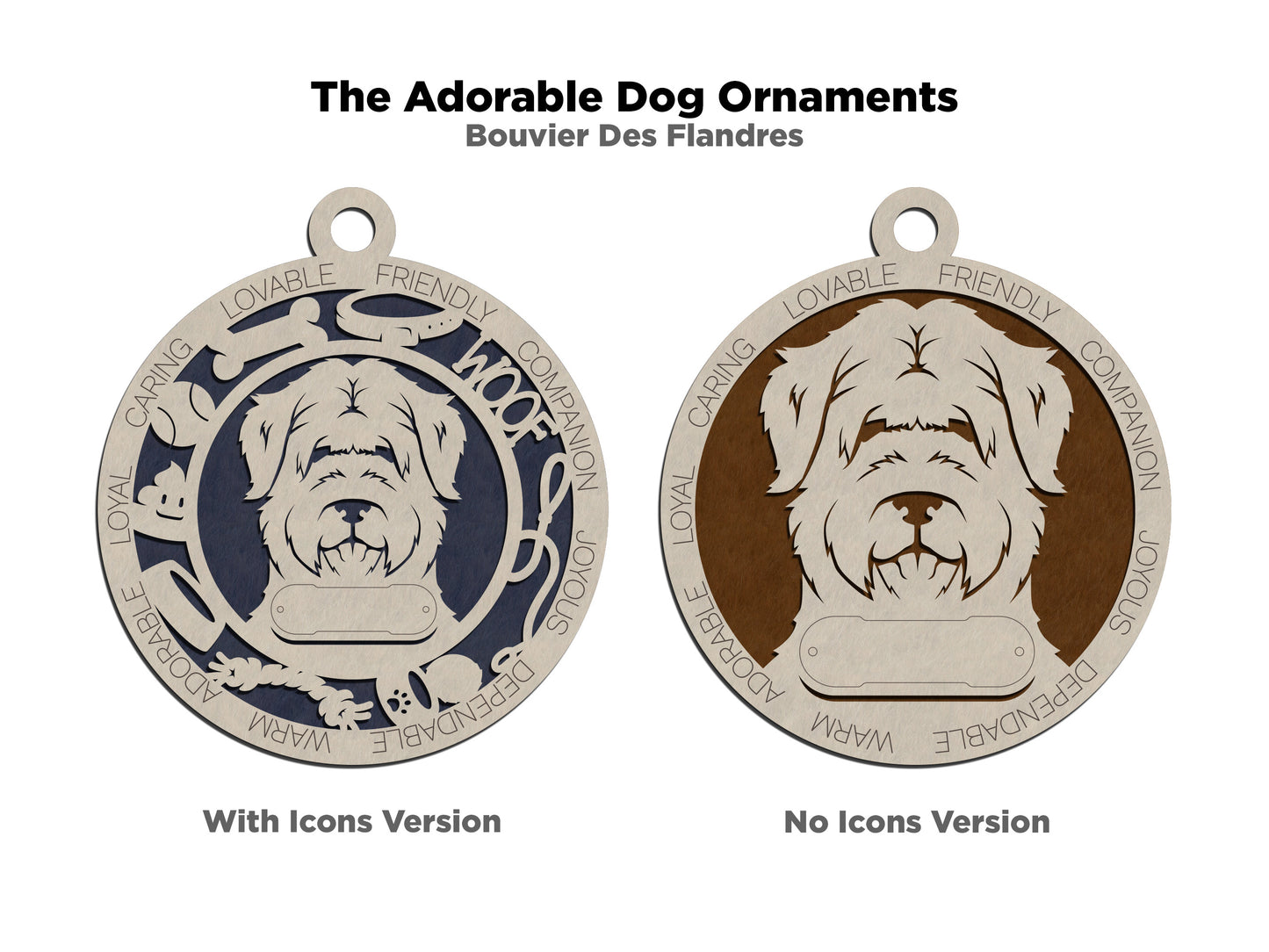 Personalized Bouvier Des Flanders Dog Christmas Ornament, 3" Round, 2-Layer Laser Cut Wood, Customizable Name Tag & Text, Handcrafted in USA, Choose Background Color/Print, Perfect Holiday Gift