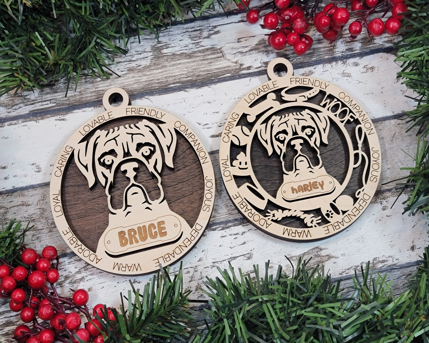 Personalized Boxer Dog Christmas Ornament - 3" Round, 2-Layer Laser Cut Wood - Customizable Name Tag & Text - Handcrafted in USA - Choose Colorful Backgrounds - Perfect Holiday Gift for Pet Lovers