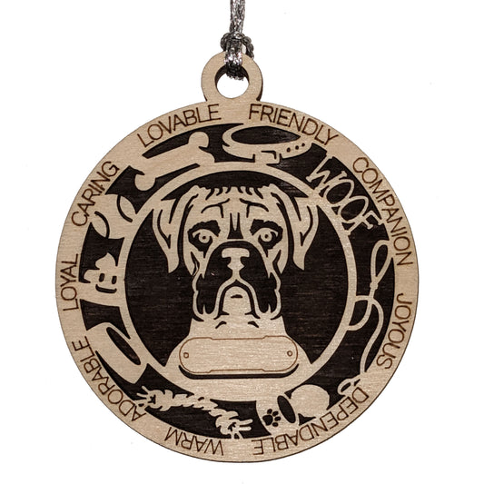 Personalized Boxer Dog Christmas Ornament - 3" Round, 2-Layer Laser Cut Wood - Customizable Name Tag & Text - Handcrafted in USA - Choose Colorful Backgrounds - Perfect Holiday Gift for Pet Lovers