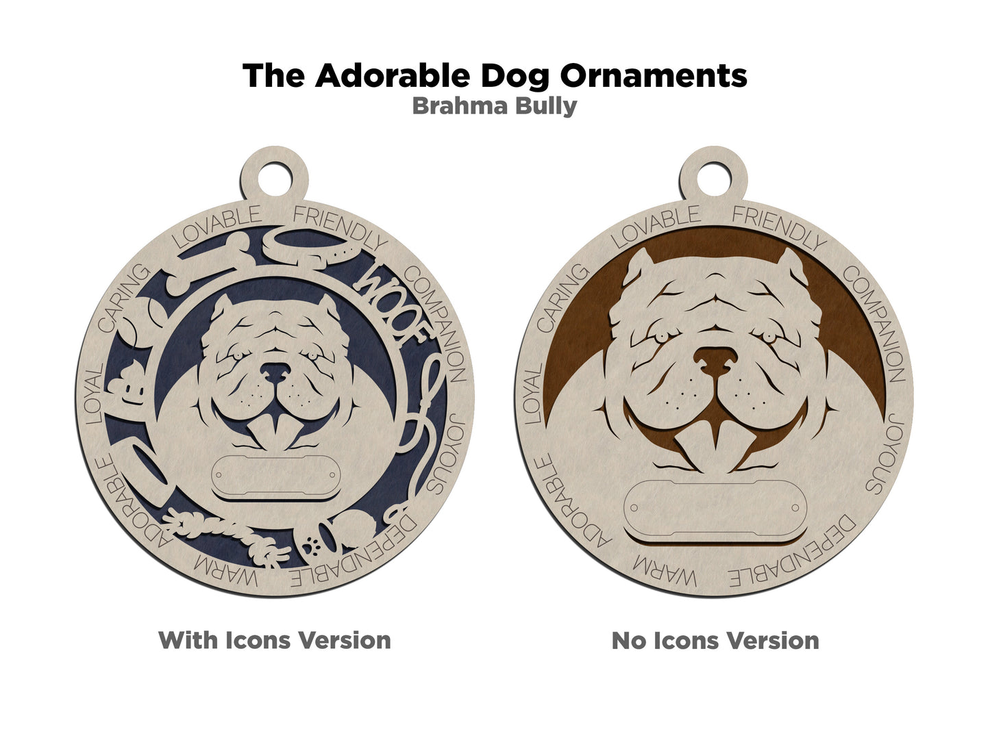 Personalized Brahma Bully Dog Christmas Ornament, 3" Round, 2-Layer Laser Cut Wood, Customizable Name & Text, Handcrafted in USA, Choose Background Color/Print, Unique Pet Gift, Uncropped Ears