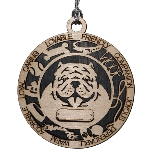 Personalized Brahma Bully Dog Christmas Ornament, 3" Round, 2-Layer Laser Cut Wood, Customizable Name & Text, Handcrafted in USA, Choose Background Color/Print, Unique Pet Gift, Uncropped Ears