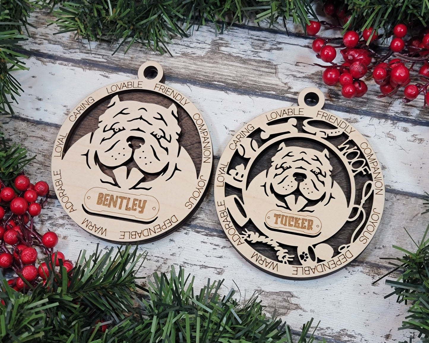 Personalized Brahma Bully Dog Christmas Ornament, 3" Round, 2-Layer Laser Cut Wood, Customizable Name & Text, Handcrafted in USA, Choose Background Color/Print, Unique Pet Gift, Uncropped Ears