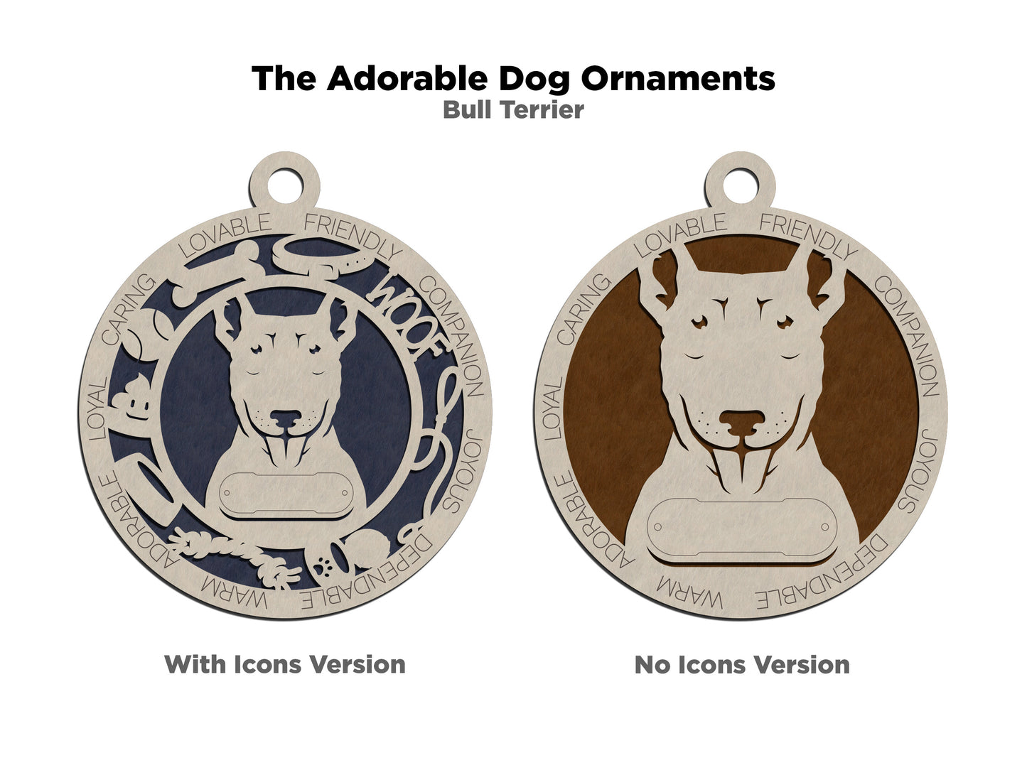 Personalized Bull Terrier Dog Christmas Ornament, 3" Round, 2-Layer Laser Cut Wood, Customizable Name Tag & Text, Handcrafted in USA, Choose Painted Background, Perfect Holiday Gift for Pet Lovers