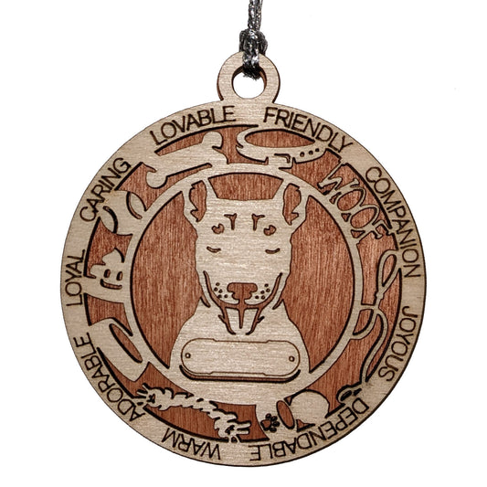 Personalized Bull Terrier Dog Christmas Ornament, 3" Round, 2-Layer Laser Cut Wood, Customizable Name Tag & Text, Handcrafted in USA, Choose Painted Background, Perfect Holiday Gift for Pet Lovers