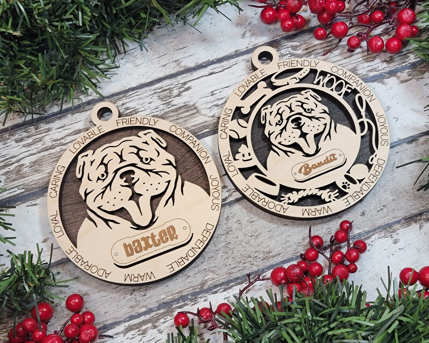Personalized Bulldog Dog Christmas Ornament - 3" Round, 2-Layer Laser Cut Wood - Customizable Name Tag & Text - Handcrafted in USA - Choose Colorful Backgrounds - Perfect Holiday Gift for Pet Lovers