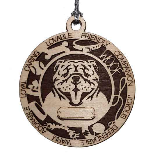 Personalized Bulldog Dog Christmas Ornament - 3" Round, 2-Layer Laser Cut Wood - Customizable Name Tag & Text - Handcrafted in USA - Choose Colorful Backgrounds - Perfect Holiday Gift for Pet Lovers