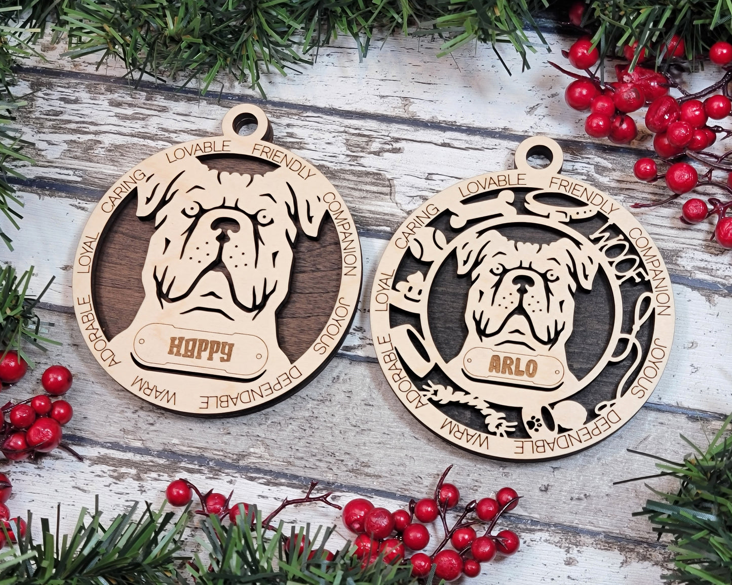 Personalized Cane Corso Dog Christmas Ornament, 3" Round, 2-Layer Laser Cut Wood, Customizable Name Tag & Text, Handcrafted in USA, Natural Wood & Colorful Background Options, Uncropped Ears Design