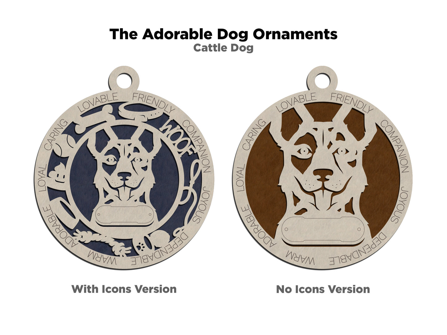 Personalized Cattle Dog Christmas Ornament - 3" Round, 2-Layer Laser Cut Wood - Customizable Dog Name & Text - Handcrafted in USA - Choose Background Color/Print - Perfect Holiday Gift!