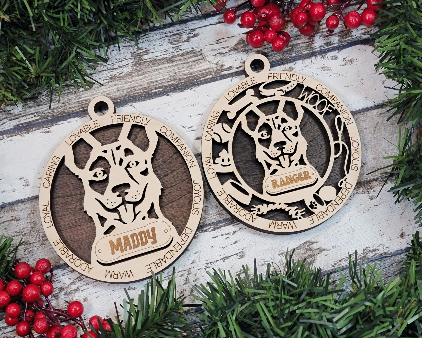 Personalized Cattle Dog Christmas Ornament - 3" Round, 2-Layer Laser Cut Wood - Customizable Dog Name & Text - Handcrafted in USA - Choose Background Color/Print - Perfect Holiday Gift!