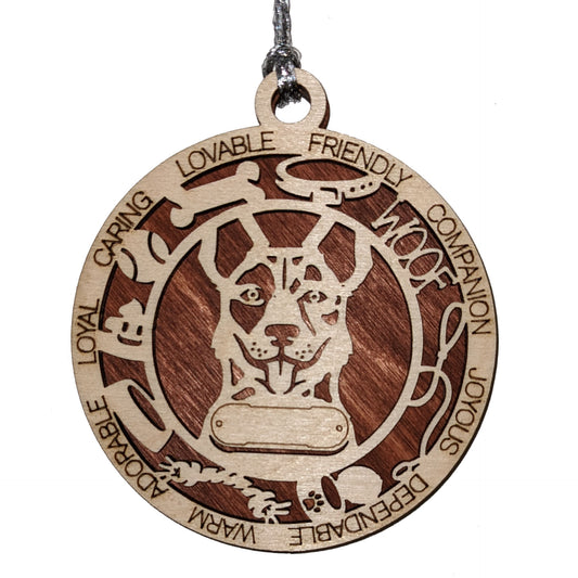Personalized Cattle Dog Christmas Ornament - 3" Round, 2-Layer Laser Cut Wood - Customizable Dog Name & Text - Handcrafted in USA - Choose Background Color/Print - Perfect Holiday Gift!