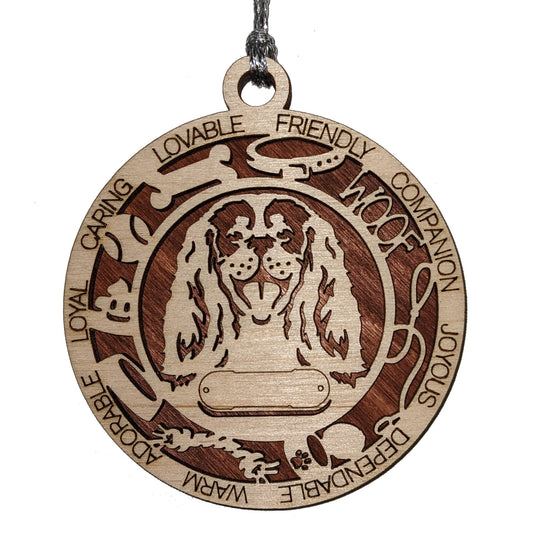 Personalized Cavalier King Charles Spaniel Dog Christmas Ornament, 3" Round, 2-Layer Laser Cut Wood, Customizable Name & Text, Handcrafted in USA, Choose Background Color, Perfect Holiday Gift