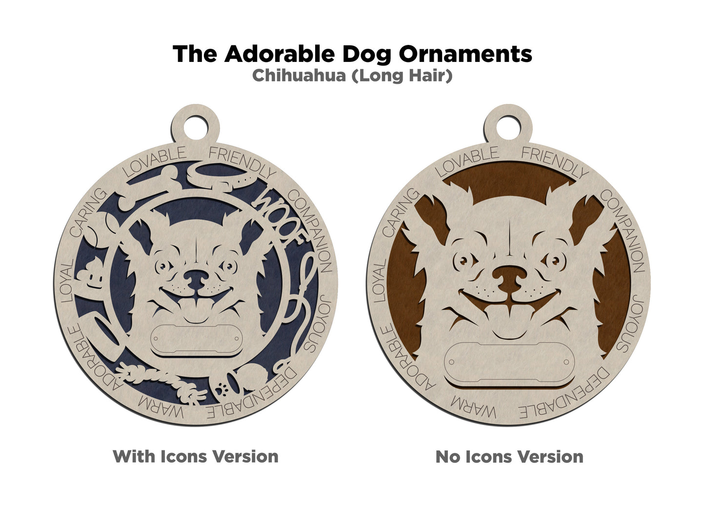 Personalized Long Hair Chihuahua Dog Christmas Ornament, 3" Round, 2-Layer Laser Cut Wood, Customizable Name Tag & Text, Handcrafted in USA, Choose Background Color or Print, Perfect Gift!