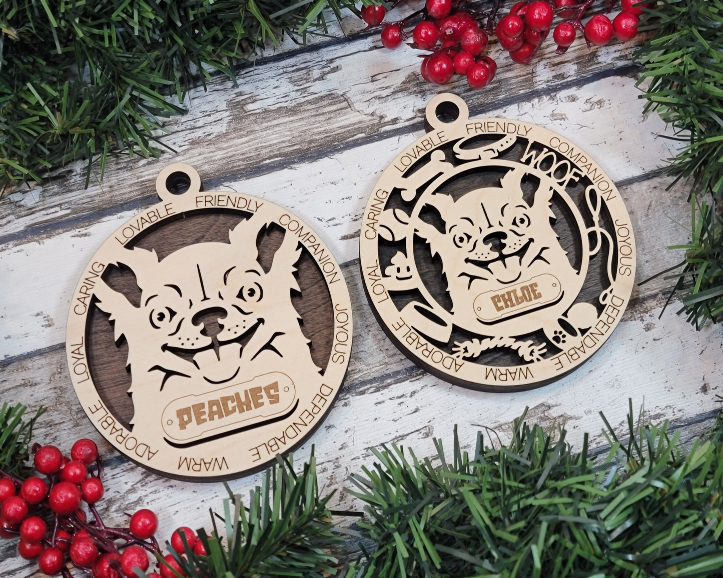 Personalized Long Hair Chihuahua Dog Christmas Ornament, 3" Round, 2-Layer Laser Cut Wood, Customizable Name Tag & Text, Handcrafted in USA, Choose Background Color or Print, Perfect Gift!