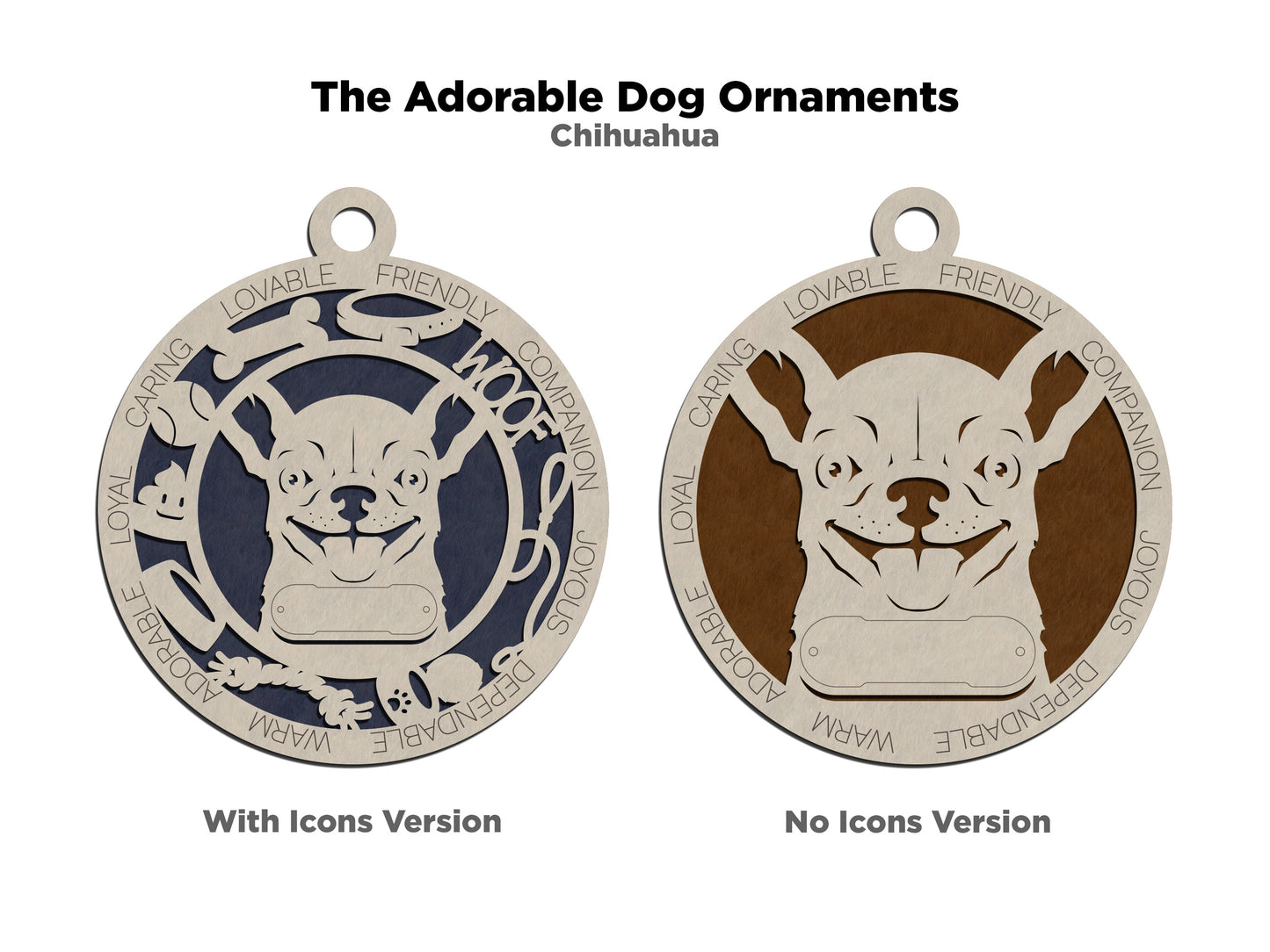Personalized 3" Round Wooden Chihuahua Dog Christmas Ornament, 2-Layer Laser Cut Design, Customizable Name Tag & Text, Handcrafted in USA, Choose Background Color or Print, Perfect Holiday Gift