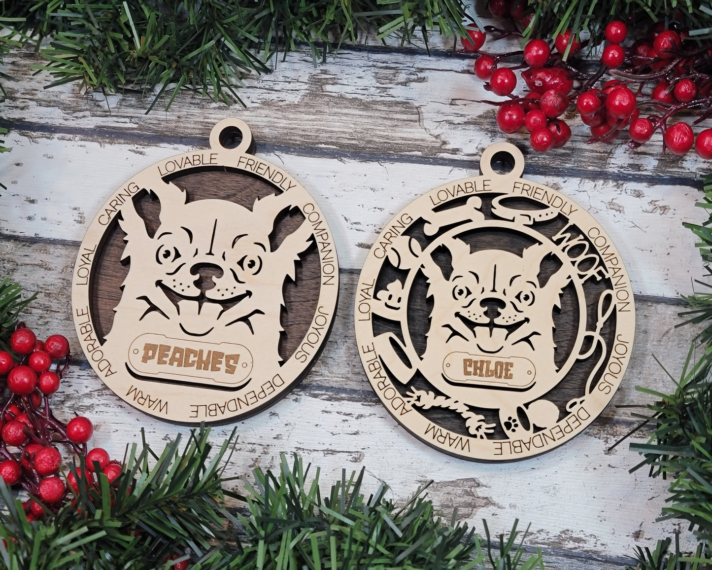 Personalized 3" Round Wooden Chihuahua Dog Christmas Ornament, 2-Layer Laser Cut Design, Customizable Name Tag & Text, Handcrafted in USA, Choose Background Color or Print, Perfect Holiday Gift
