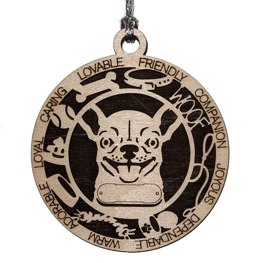 Personalized 3" Round Wooden Chihuahua Dog Christmas Ornament, 2-Layer Laser Cut Design, Customizable Name Tag & Text, Handcrafted in USA, Choose Background Color or Print, Perfect Holiday Gift