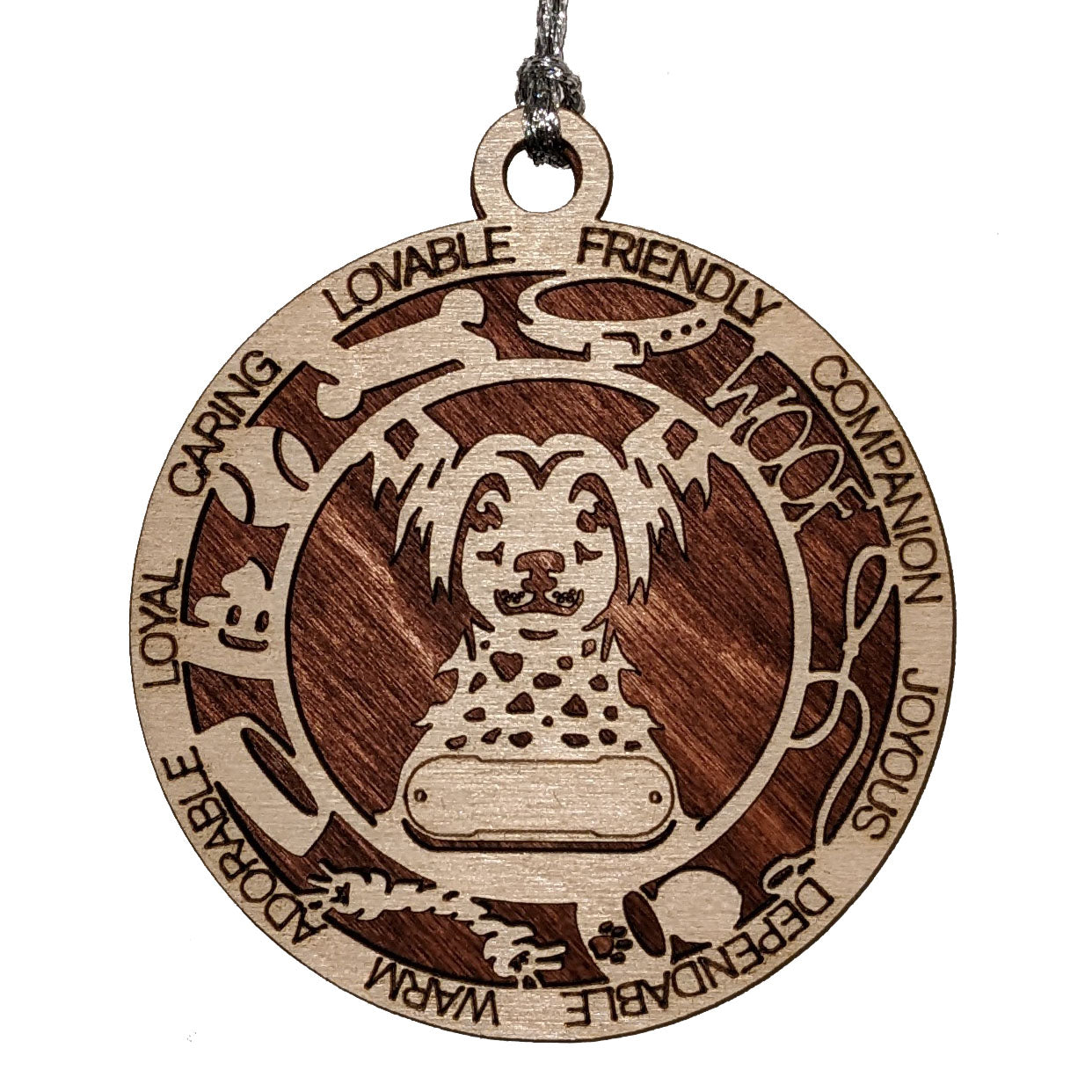 Personalized 3" Round Wooden Dog Christmas Ornament - Laser Cut, 2 Layer Design with Customizable Name Tag & Text - Chinese Crested Breed - Handcrafted in USA - Choose Colorful Backgrounds