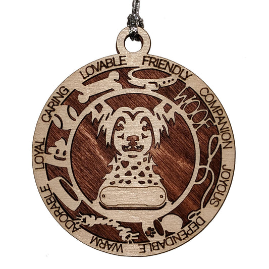 Personalized 3" Round Wooden Dog Christmas Ornament - Laser Cut, 2 Layer Design with Customizable Name Tag & Text - Chinese Crested Breed - Handcrafted in USA - Choose Colorful Backgrounds