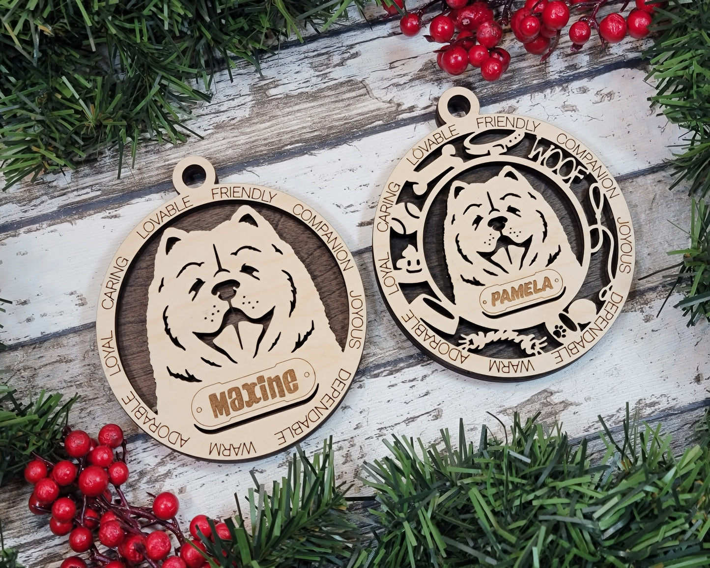 Personalized 3" Round Wooden Dog Christmas Ornament - Dalmatian Chow Chow Design - Customizable Name & Text - Handcrafted in USA - 2 Layer Laser Cut - Choose Background Color or Print - Pet Gift