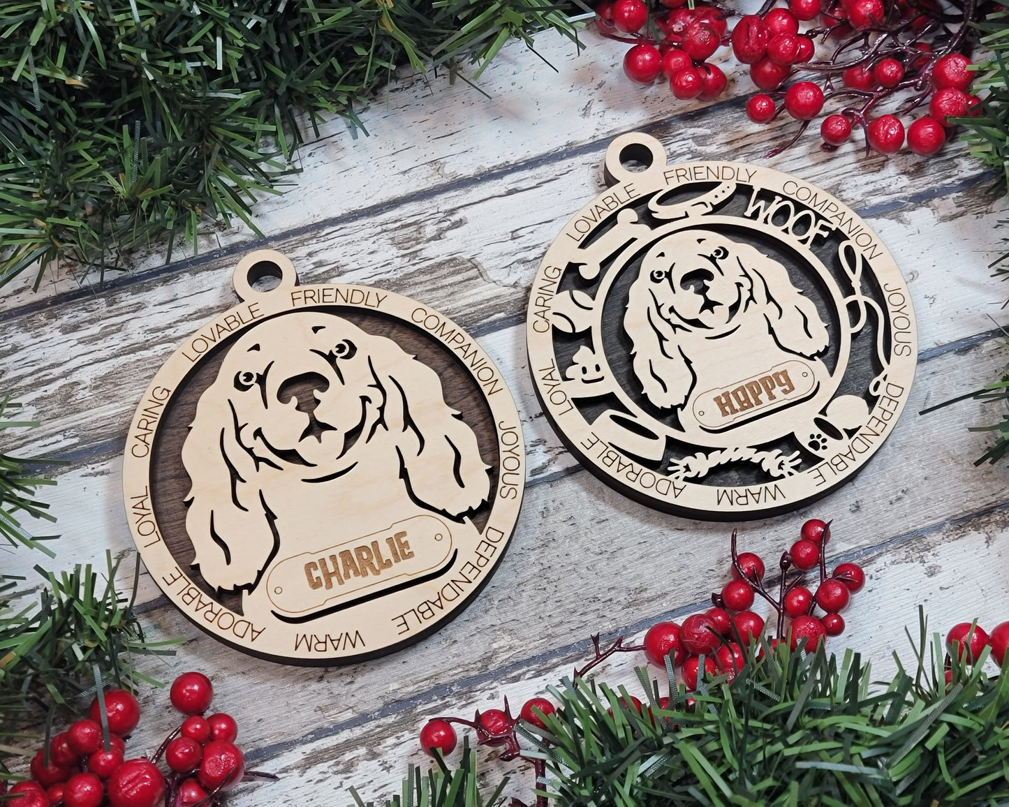Personalized Cocker Spaniel Dog Christmas Ornament, 3" Round, 2-Layer Laser Cut Wood, Customizable Name Tag & Text, Handcrafted in USA, Choose Background Color/Print, Perfect Holiday Gift!