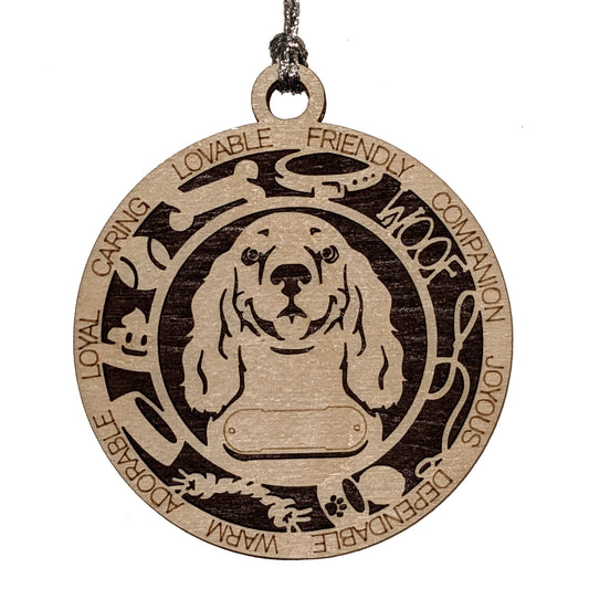 Personalized Cocker Spaniel Dog Christmas Ornament, 3" Round, 2-Layer Laser Cut Wood, Customizable Name Tag & Text, Handcrafted in USA, Choose Background Color/Print, Perfect Holiday Gift!