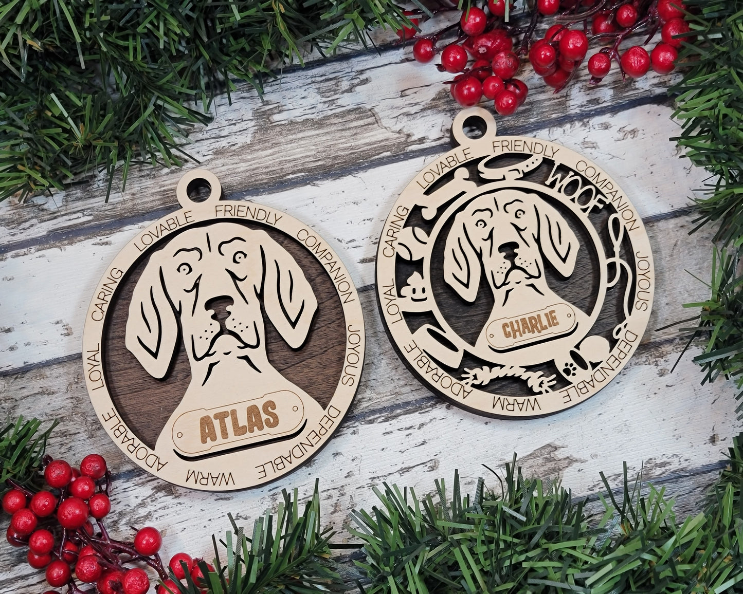 Personalized Coonhound Dog Christmas Ornament, 3" Round Laser Cut, 2-Layer Wooden Design, Customizable Name Tag & Text, Handcrafted in USA, Choose Colorful Background, Perfect Holiday Gift!