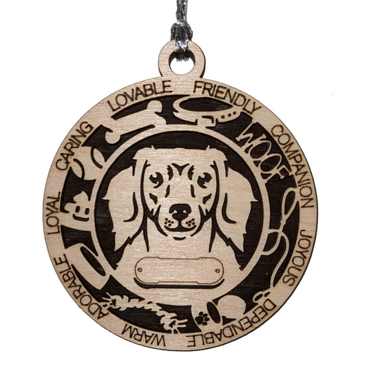 Personalized Long Hair Dachshund Christmas Ornament, 3" Round Laser Cut, 2-Layer Wooden Design, Custom Dog Name Tag, Handcrafted in USA, Choose Background Color, Add Your Own Text, Holiday Decor