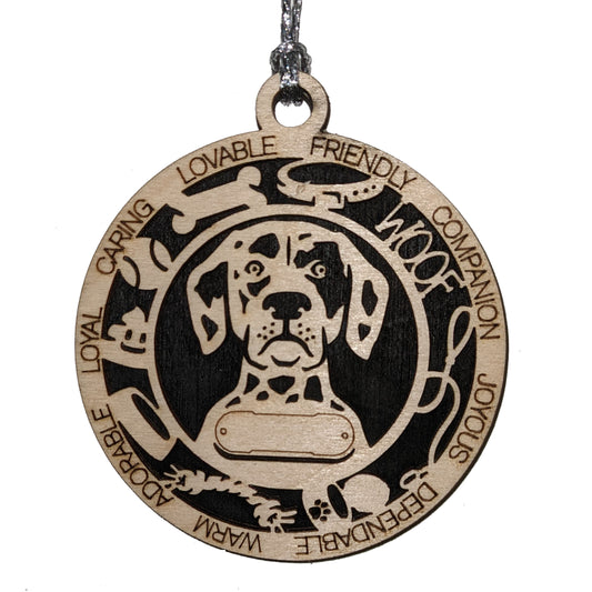 Personalized Dalmatian Dog Christmas Ornament, 3" Round Laser Cut, 2-Layer Wooden Design, Customizable Name Tag & Text, Handcrafted in USA, Choose Background Color or Print, Perfect Holiday Gift