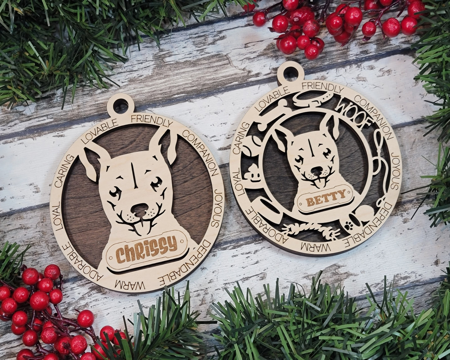 Personalized 3" Round Wooden Dog Christmas Ornament - Deer Head Chihuahua Design - Customizable Name & Text - Handcrafted in USA - 2 Layer Laser Cut - Choose Background Color or Print