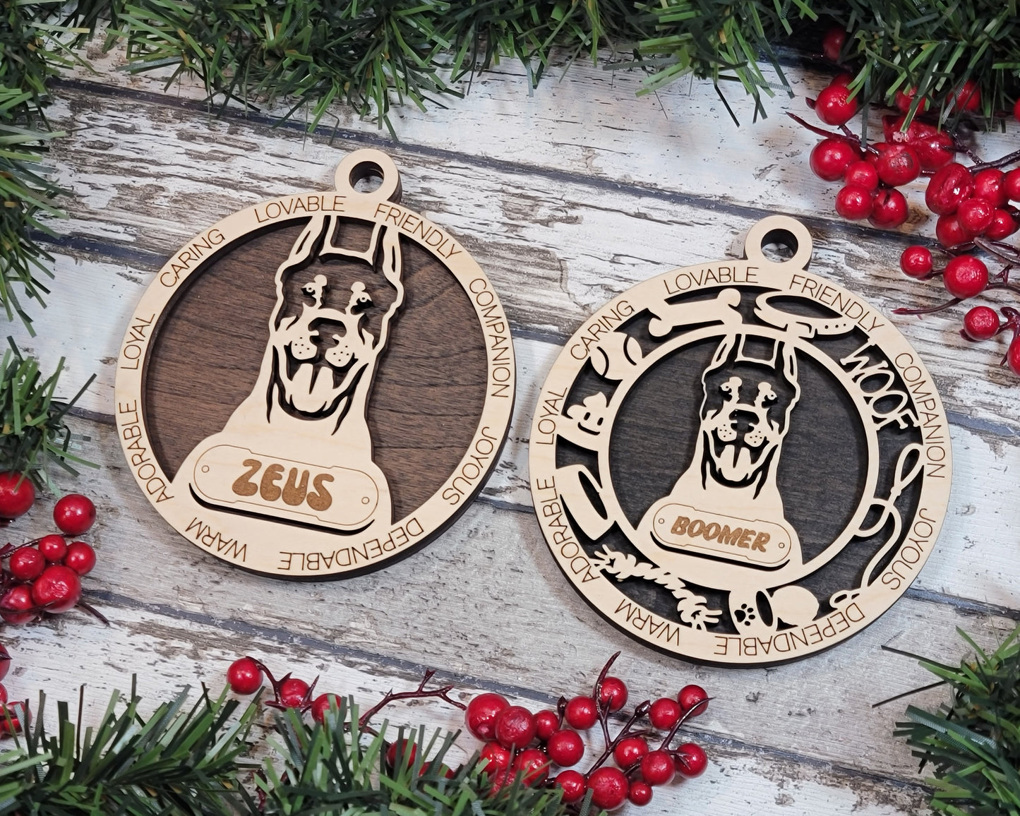 Personalized 3" Round Wooden Doberman Pinscher Christmas Ornament, Customizable Dog Name & Text, 2-Layer Laser Cut Design, Natural Wood & Color Options, Handcrafted in USA, Perfect Holiday Gift