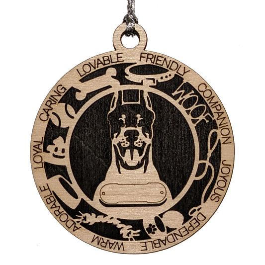 Personalized 3" Round Wooden Doberman Pinscher Christmas Ornament, Customizable Dog Name & Text, 2-Layer Laser Cut Design, Natural Wood & Color Options, Handcrafted in USA, Perfect Holiday Gift