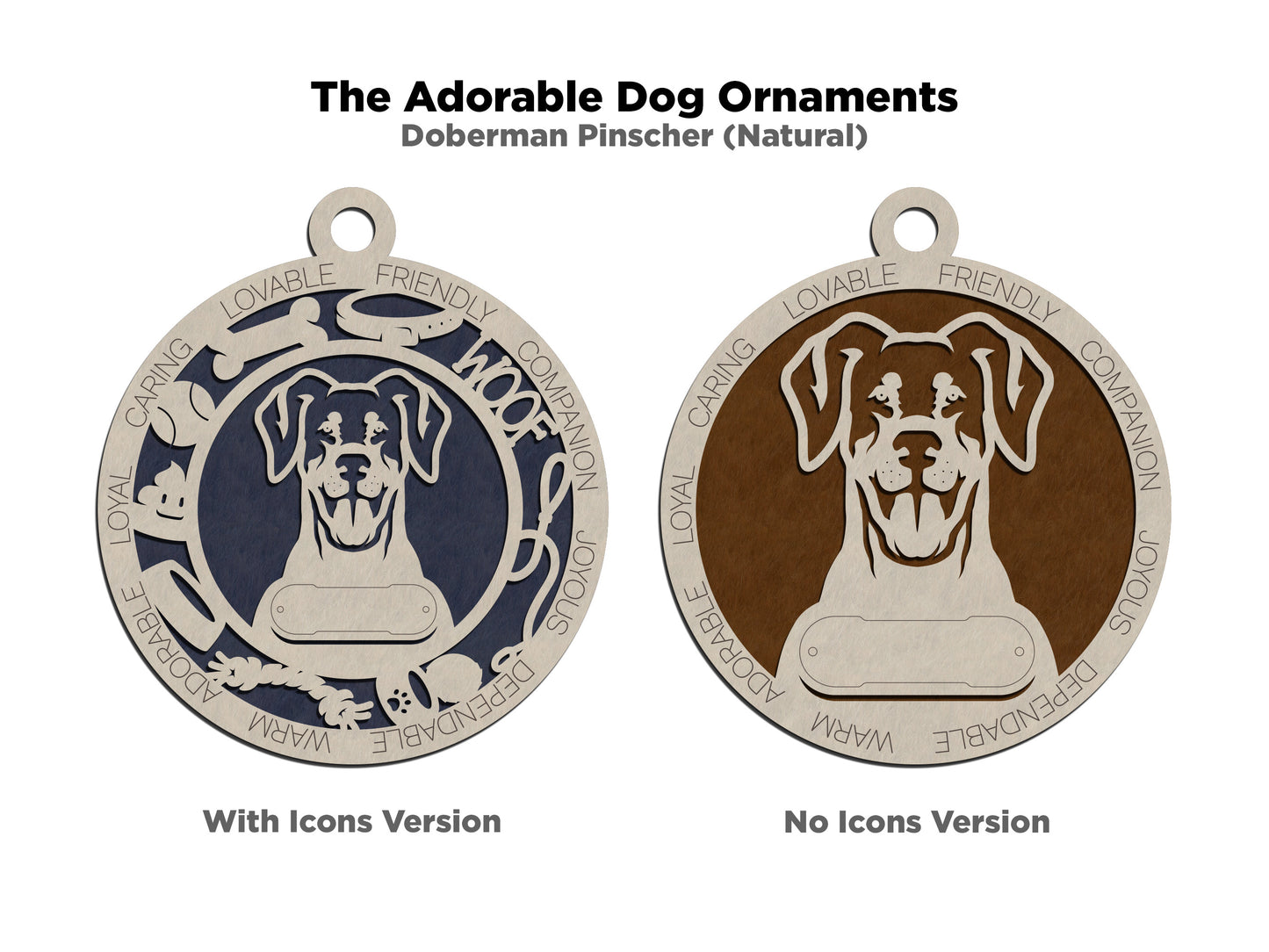 Personalized 3" Round Wooden Doberman Pinscher Christmas Ornament, Handcrafted in USA, Customizable Text & Dog Name, 2-Layer Design, Natural Wood & Colorful Background Options, Uncropped Ears
