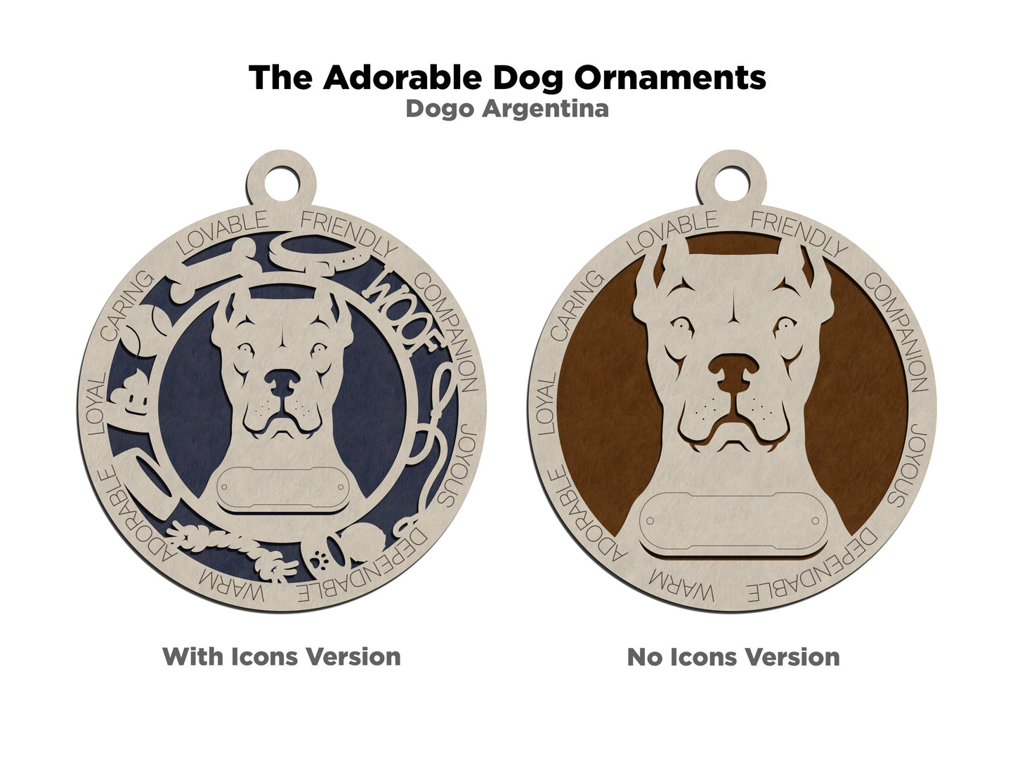Personalized Dogo Argentino Christmas Ornament - 3" Round, 2-Layer Laser Cut Wood - Custom Dog Name & Text - Handcrafted in USA - Choose Background Color/Print - Perfect Holiday Gift for Dog Lovers